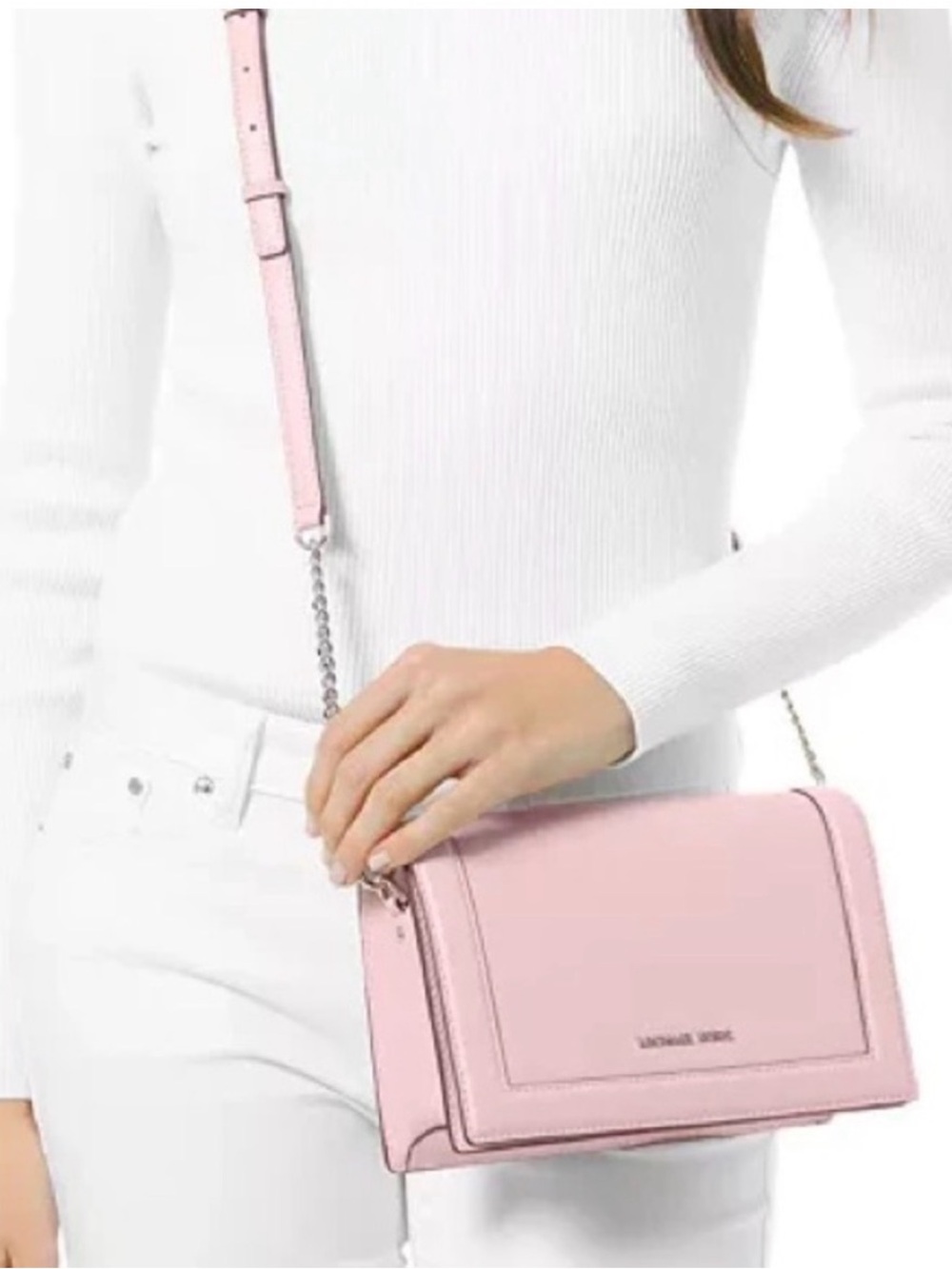 Michael Kors Jet Set Saffiano Light Pink Crossbody Shoulder Bag Purse Silver